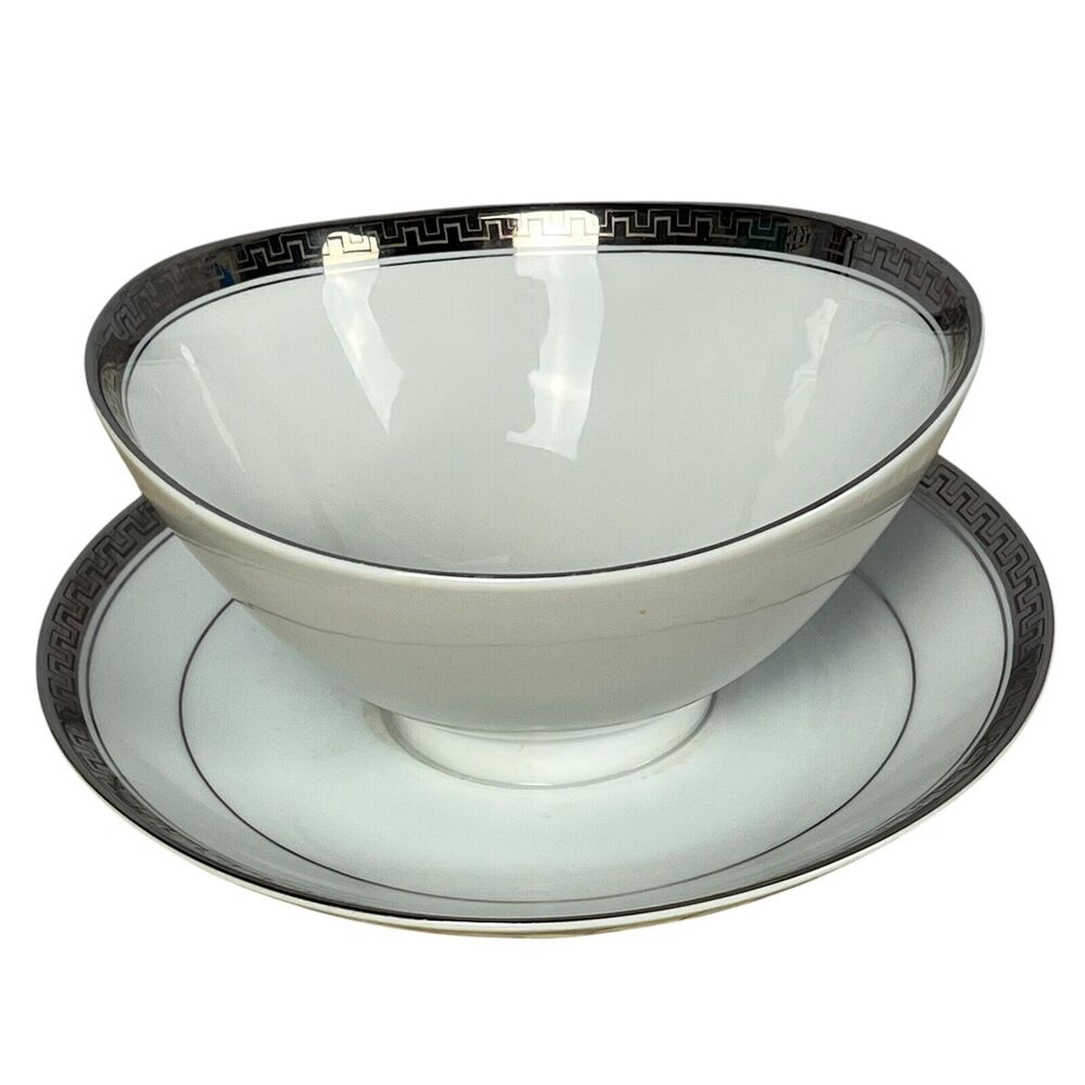 Vintage Mikasa Alton Narumi Gravy Boat Attached Underplate Silver Greek Key Edge